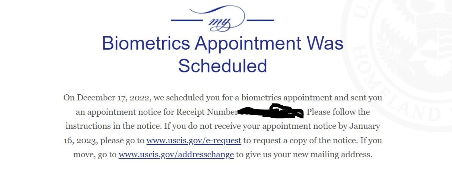 OPT biometrics appointment